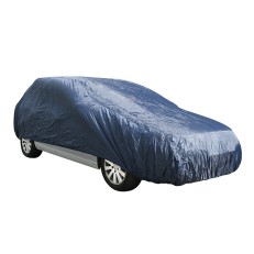 Vue de face – housse de voiture de couleur bleu foncé, en tissu résistant à l'eau, adaptée aux petites voitures.