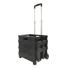 Chariot de transport pliable – vue de côté – avec poignée télescopique et capacité de 25 kg, couleur noire et argent.