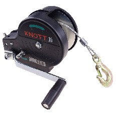 Forfra – Knott kabelspil med 10 m stålkabel, sort hus og manuel håndtag, velegnet til transport.