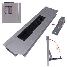 Side panel lock – front view showing black handle and silver anodised aluminium finish with 300 mm stop on the left.