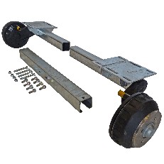 Essieu flexible 1400kg freiné – support réglable de 800mm à 1400mm – finition galvanisée en argent et noir.
