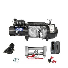 Verricello elettrico HUSAR 12V – vista frontale – colore nero e argento con cavo in acciaio e telecomando.