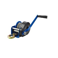 Treuil manuel BST RS 1000 – vue de face avec câble en acier de 10 m et levier de traction noir et bleu.