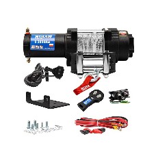 Elektrisk vinsch HUSAR S 3000 lbs – svart och röd med fjärrkontroll och stålkabel, frontvy på vit bakgrund.