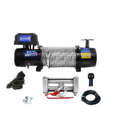 Elektrische 12V Seilwinde – Frontansicht in Schwarz mit blauen Akzenten und 13000 lbs Zugkraft.