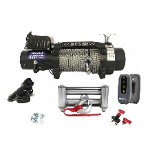 Verricello elettrico HUSAR 12V – vista frontale con cavo d'acciaio e capacità di 14000 lbs su sfondo bianco.