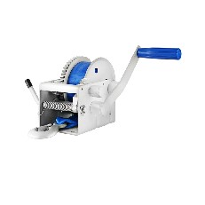 Treuil manuel BST RS 2500 lbs – vue de face avec sangle de 10 m et manivelle, couleurs blanche et bleue.