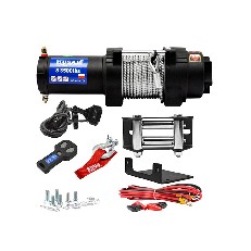 Frontvy av HUSAR S 3500lbs elektrisk vinsch – svart och blå med 12V och 3500 lbs dragkapacitet.