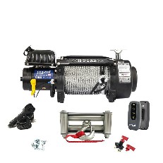 Verricello elettrico 12V HUSAR – vista frontale con capacità di 16500 lbs e controllo remoto, colore nero e grigio.