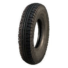 Viistosta otettu kuva Vredestein V-40 4.00-8 8PR TT -renkaasta – musta teollisuusrenkaat kottikärryihin.