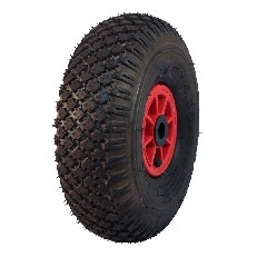 Ruota completa 4.00-4 NaRubb S-2303 – cerchione rosso con battistrada nero e un foro di montaggio centrale.