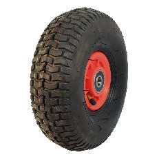 Roue complète 11x4.00-4 KINGS TIRE V-3502 – jante rouge avec motif V, vue de côté sur fond blanc.