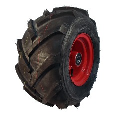 Schuin aanzicht van de DURO HF-255 21x11.00-8 band – met rode stalen velg en zwart rubber voor goede tractie.