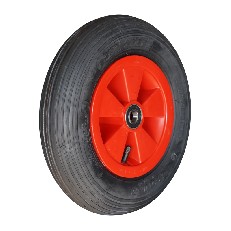 Red plastic wheel hub – side view of 3.50-8 NaRubb V-5501 wheel with black rubber tire and 4 spokes.