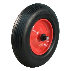Roue en acier rouge avec pneu PU 4.00x8 – surface rainurée et fond blanc.