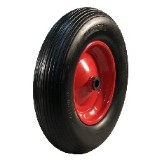 Roue en acier avec pneu PU 4.00x8 – surface rainurée et trou de roulement de 20 mm, couleur noire et rouge.