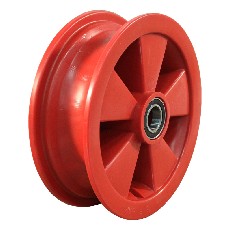 Jante 2.50Ax8 en plastique rouge – vue de côté montrant 5 rayons et un roulement à billes central Ø25mm.
