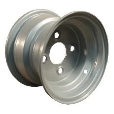 Schuin aanzicht van een grijze stalen velg 5.50x8H2 ET-2 – met 5 gaten en een maat van 8 inch.