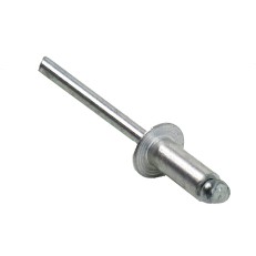 Blindniet Flachrundkopf – Seitenansicht mit silberner Hülse und flachrundem Kopf, Größe 5,0 x 12mm.