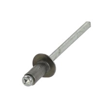 Blindniet Flachrundkopf – Seitenansicht mit flachrundem Kopf, Aluminiumhülse und verzinktem Stahl-Dorn in Silber.