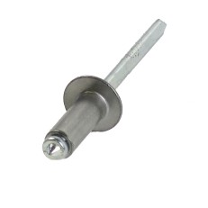 Blindniet Flachrundkopf – Frontansicht mit silberner Aluminiumhülse und grauem Stahl-Dorn, Größe 6,0 x 16mm.