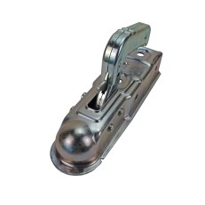 Raccord à bille AL-KO TYPE AK7-E Plus – vue de côté montrant le levier en position haute et le boîtier rond en acier...