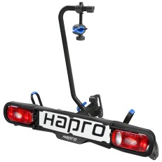 Hapro bike carrier – back view showcasing two red lights and an adjustable support arm in black and white.