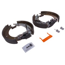 Forfra – KNOTT ANS bremsesko i brun og sort, selvjusterende med bremsebelægning og fjederanordning.