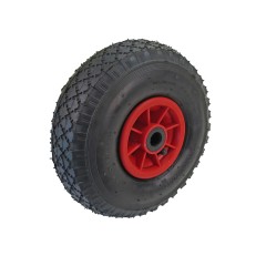 Air side support roller for boat trailer – angled view showing black treaded tire and red hub with center hole.