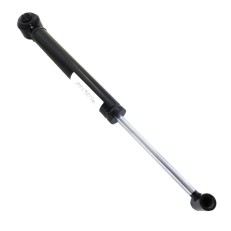 Sidovy av en gasfjäder – svart och silver – med justerbar längd och fäste för kolvstång och cylinder.