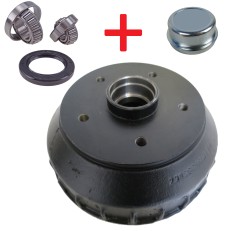 Vista frontale del tamburo del freno – nero con flangia circolare e 5 fori di montaggio, include cuscinetti a rulli.