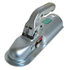 Koblingskugle Knott K 7,5-E – ovenfra med håndtag op, sølv og sort, med justeringsknap og låsepind.