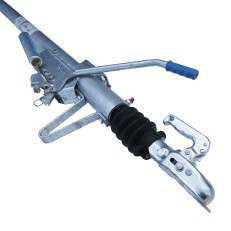 Schlegl Auflaufeinrichtung – Seitenansicht mit silberner, feuerverzinkter Auflaufbremse und Handbremshebel oben