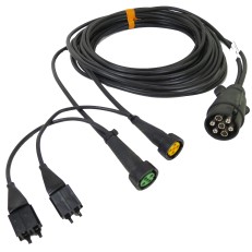 Frontvy av 6m 7pin Aspöck kabel set – svart kabel med gul och grön bajonettkontakt för släpvagn.