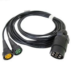 Frontvy av 4m Aspöck 7-pin kabelsats – svart kabel med gul och grön bajonettkontakt för släpvagnsbilar.