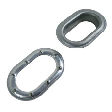 Bovenaanzicht van een ovaal oogje 42 x 22 mm – gegalvaniseerd staal met meerdere montagegaten in zilver.
