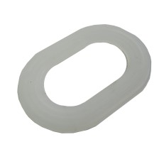 Bovenaanzicht van een heldere, ovale plastic sluitring – plat profiel zonder montagegaten.