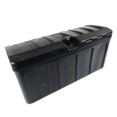 Opbevaringsboks i sort plast – ribbet låg og håndtagsskæring – mål 630 x 240 x 320 mm.