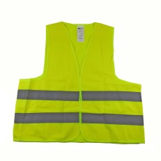 Safety vest – front view in yellow with reflective stripes on a plain white background