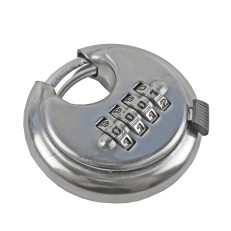 Serrure à combinaison – cadenas en acier inoxydable de 70 mm de diamètre avec un cadran circulaire argenté.