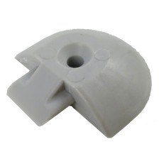 Terminale in plastica grigio – pezzo finale semicircolare con un foro di montaggio e due caratteristiche circolari.