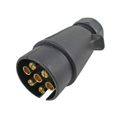 7-pin trailer plug – angled view showing black plastic housing and gold contacts for car trailers.