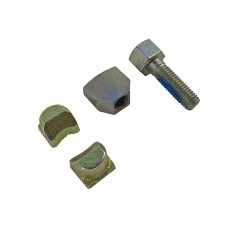 Dettaglio del set di regolazione per freni a ruota – include cuneo, vite e bulloni in argento e grigio zincato.