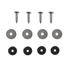 Bovenaanzicht van een schroevenset voor vervangingsglas draairaam – bevat grijze schroeven en zwarte ringen.