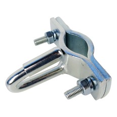 Portacavi a strappo – vista frontale con gancio curvo, due bulloni e finitura galvanizzata in argento e grigio.