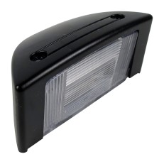 Luce targa Hella 2KA007929001 – corpo nero con lente rettangolare e due fori di montaggio su sfondo bianco.