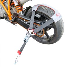 Tyre Fix lashing strap attachment for motorcycles – side view showing adjustable black strap and orange metal buckle.