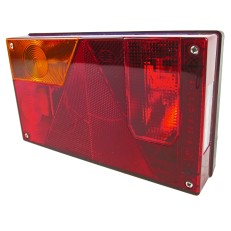 Luminaire multipoint Aspöck 24-5000-007 – feu arrière gauche avec réflecteur triangulaire et clignotants rouges et oranges.