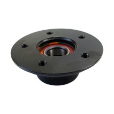Radnabe Knott 750kg 5 x 112 – Draufsicht mit 5 Löchern und orangefarbenem Kompaktlager auf schwarzem Hintergrund.