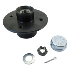 Radnabe Knott 750kg 4 x 100 – Draufsicht mit 4 Montagebohrungen, Kegelrollenlager und schwarzem, lackiertem Finish